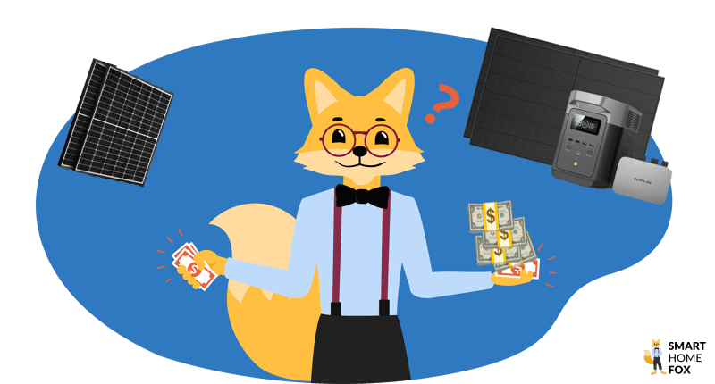 Der Smart-Home-Fox steht mit Geldbündeln in der Hand vor unterschiedlichem Zubehör von EcoFlow.